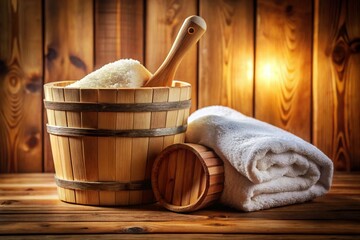 Sauna Essentials: Wooden Bucket, Ladle & Stack of Fresh Towels - Macro Photography