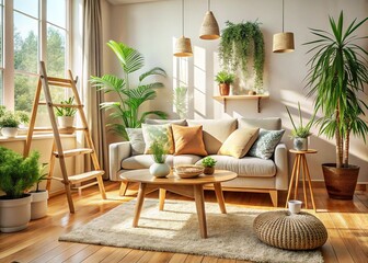 Scandinavian Cozy Living Room: Beige Sofa, Plants, Bamboo Ladder & Stylish Decor