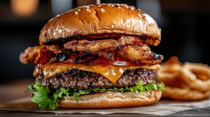 Juicy burger stacked with savory toppings against a plain backdrop