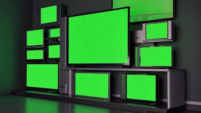 Variety of Green Screen TVs Monitors and Displays on Shelf Mockup for Media and Technology