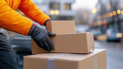 Delivery driver unloads packages at a busy warehouse during twilight hours