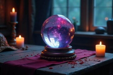 Crystal ball on a mystical table with candles and mystical artifacts nearby, mysterious, ancient, mystical