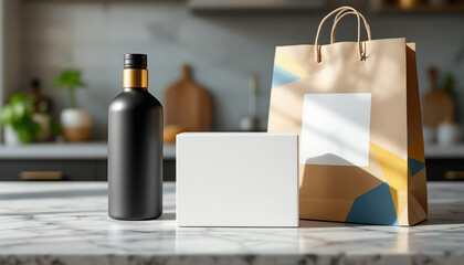 Black bottle with gold cap next to white box and brown paper bag with geometric design