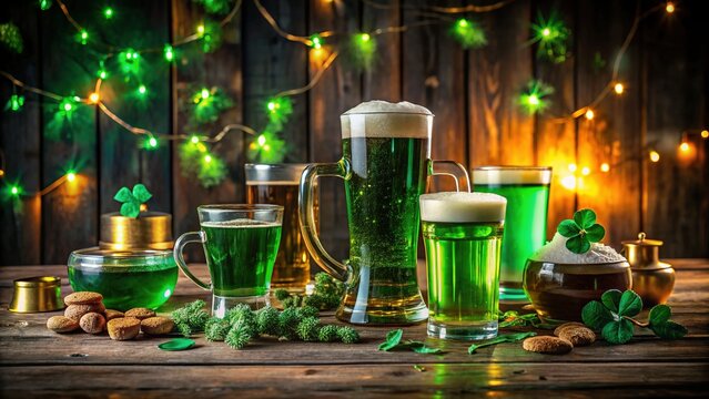 St. Patrick's Day Bar Menu Background: Golden Green Drinks & Festive Decor