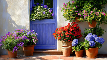 Fototapeta premium Charming garden scene with vibrant flowers and blue door, showcasing colorful blooms in pots, creating welcoming atmosphere