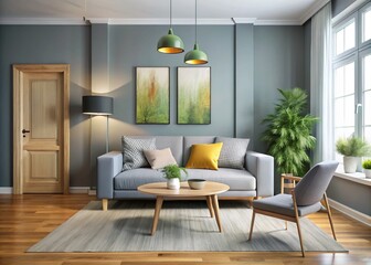 Stylish Grey Living Room Interior: Wooden Table, Lamp, and Wall Art