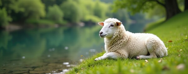 Fluffy white sheep resting near serene riverbank, gentle, scenery