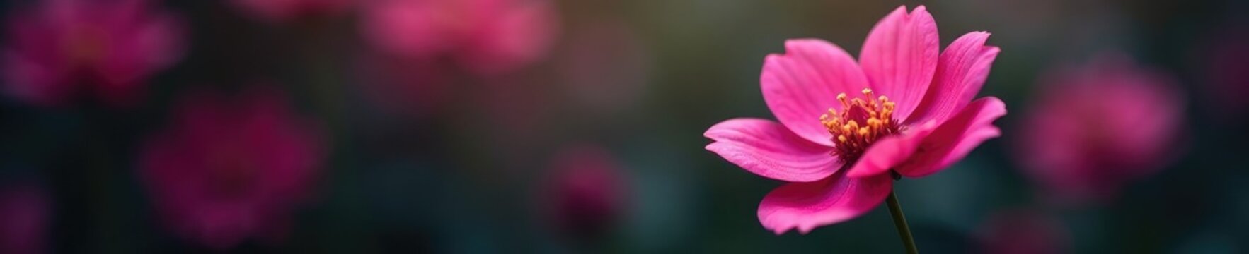 Flor con detalles de purpurina y rosado oscuro cerca de una fuente, plantas, sombra