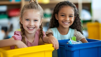 Two Smiling Girls Recycling Materials In Bins