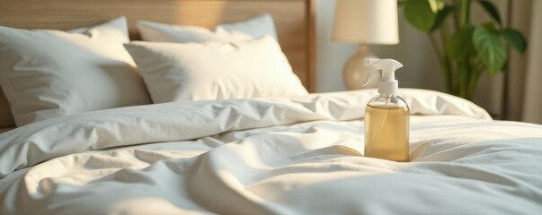 Freshly made bed with linen mist spray bottle resting on it, relaxation, serenity, fresh