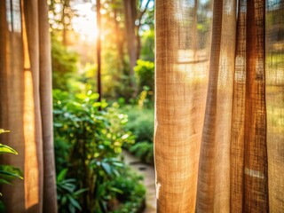 Vintage Sunlit Garden View Through Sheer Brown Curtains - Retro Abstract Photography