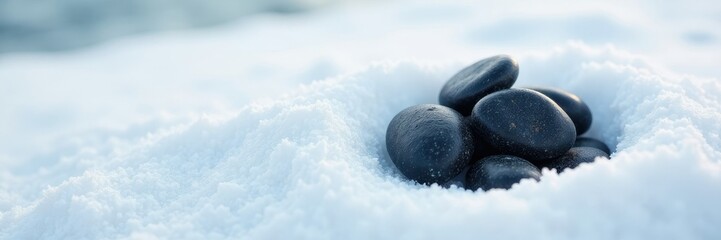 Isolated black pebbles sit on a snowy white surface, peaceful atmosphere, isolated objects, black stones