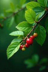 Leafy branches of Sida cordifolia with berries, leafy greens, plant details