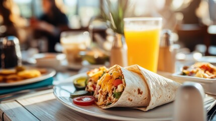 Delicious Breakfast Burrito Neatly Wrapped and Toasted on a Brunch Table with Refreshing Juice in Bright Natural Lighting