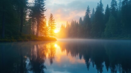 Fototapeta premium Sunrise over misty forest lake reflection