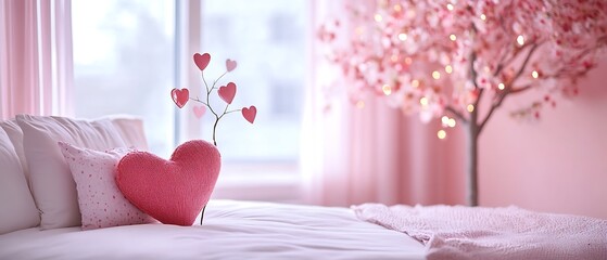 A beautifully adorned room featuring soft pink walls, a heart-shaped pillow on the bed, and a love tree, all contributing to a warm and intimate setting perfect for Valentine's Day.