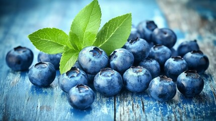 Fototapeta premium Juicy blueberries and vibrant green leaves on a rustic blue background.