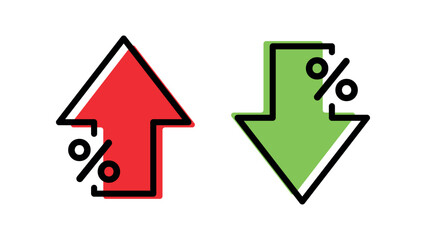 Percent with red up and green down arrows. Arrow with percentage icon. Increasing and decreasing percentage Profit and loss percent. Growing and decline arrow. Can used for business, stock, etc