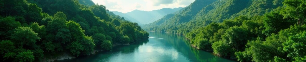 Obraz premium River winds its way through a dense forested valley, forest, tropical, valley