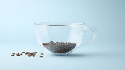 A clear glass cup with coffee beans scattered around