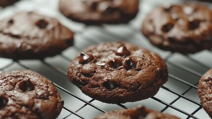 Fototapeta premium Close-up of freshly baked double chocolate cookies cooling on a wire rack. Warm, delicious, and perfect!