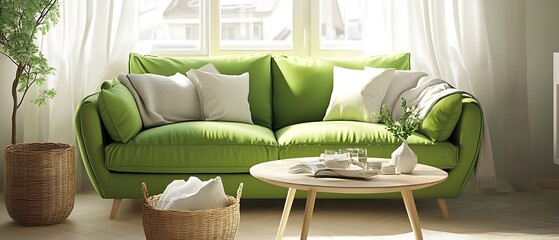 a cheerful living room highlighted by a green sofa, a table, and a basket, fostering a cozy and welcoming environment.