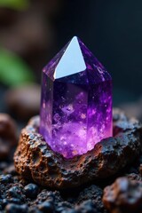 Sparkling amethyst crystal nestled in volcanic rock, earthy tones, amethyst, natural world