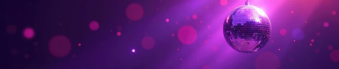Obraz premium Sparkling purple disco ball suspended in mid air, light rays, shine, disco ball