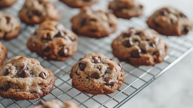 Golden-brown chocolate chip cookies cooling on a wire rack. Sweet treat!
