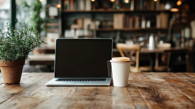 Cozy workspace with latte and laptop among books in a vibrant coffee shop - Powered by Adobe