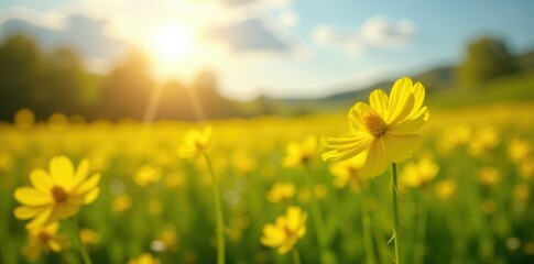 Fototapeta premium Sunlit field of bright yellow wildflowers swaying gently in spring breeze, nature landscape, wildflowers, spring season