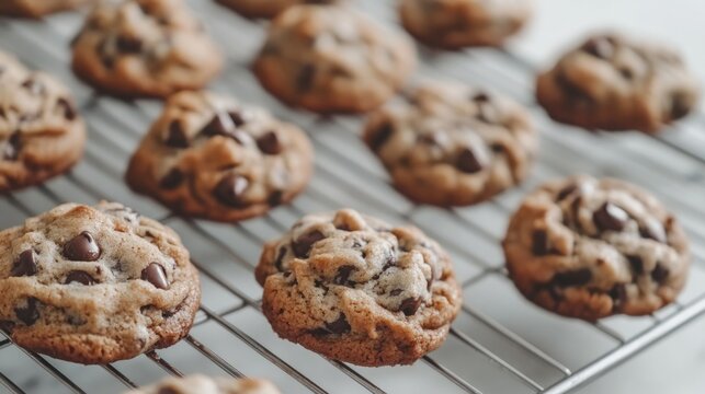 Golden-brown chocolate chip cookies cooling on a wire rack. Sweet treat, delicious!