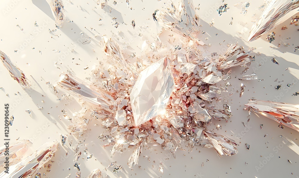 Poster shattered crystal exploding on white surface for abstract background or wallpaper use