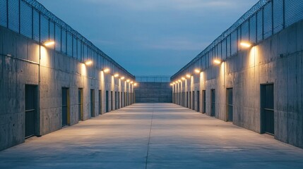 Obraz premium Isolation facility in jail. Empty storage facility with lights illuminating concrete hallways.