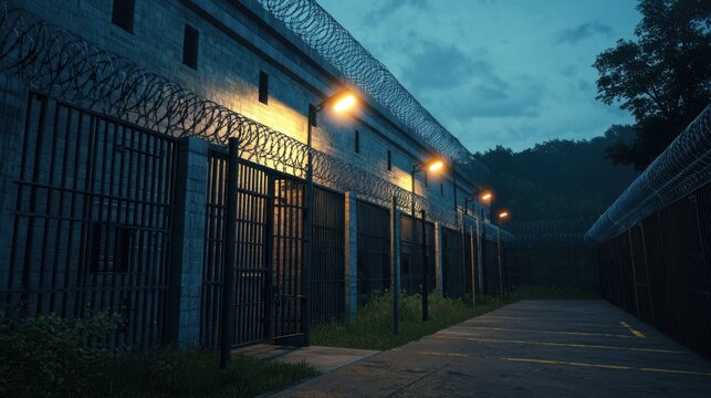 Isolation facility in jail. Dimly lit prison corridor with barbed wire under twilight sky.