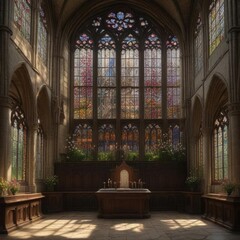Obraz premium Panoramic view of Cluny abbey's choir with stained glass windows and a springtime backdrop, nature, arches