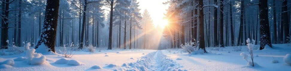 A serene winter forest scene with frost and fresh snow, still, forest, trees