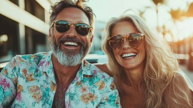 Joyful senior couple enjoying a convertible ride along the coast at sunset
