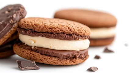 Chocolate cream-filled biscuits artfully arranged on a white backdrop