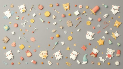 Pattern of gray background with adorable and charming items and characters scattered across the scene, creating a cute and enchanting atmosphere, atmosphere, enchanting