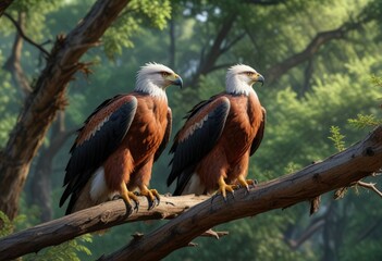Fototapeta premium Perched on a branch in the forest with an African fish eagle's feathers ruffled, tree, African fish eagle