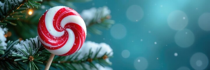 Colorful peppermint lollipop on a snowy Christmas tree branch, tree, holiday