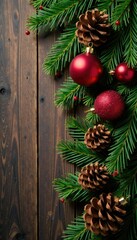 Pinecones and ornaments intertwined on a wooden background, evergreen branches, garlands
