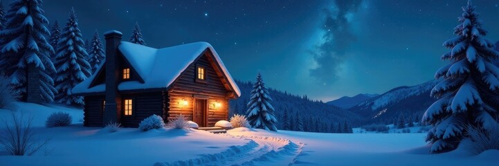 Cozy snow-covered cottage under starry night sky with twinkling Christmas lights, serene, snowy