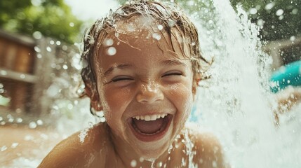 Obraz premium Joyful child running through sprinkler, enjoying summer splashes in backyard
