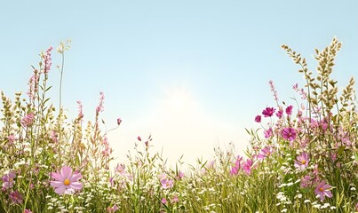 Sunny field with flowers, blue sky background, suitable for wallpaper or print