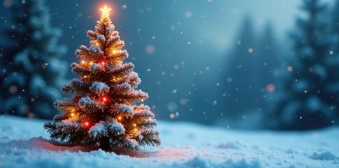 Crystal-adorned Christmas tree in a snowy landscape, snowflakes, snowy, peaceful