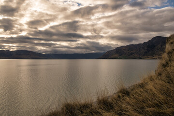 The mountains along both sides of Lake Hawea near Wanaka