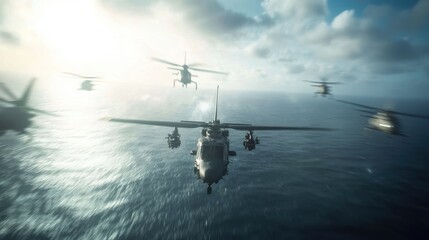 Military aircraft conducting coordinated operations over vast ocean expanse