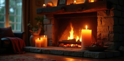 Flickering candlelight on the fireplace mantel, warmth, ambiance